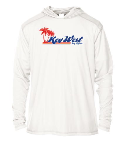 A white Key West sun shirt hoodie with the word Key West on it.