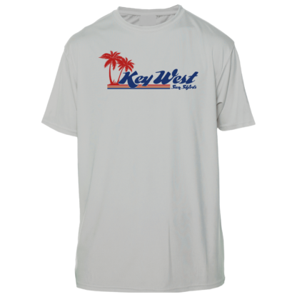 A grey Key West Sun Shirt - Retro Logo - UV Crew Short Sleeve with the word keywest on it.
