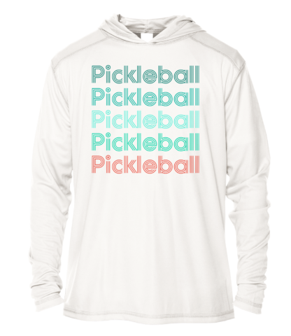 A white hoodie with the word pickball on it.