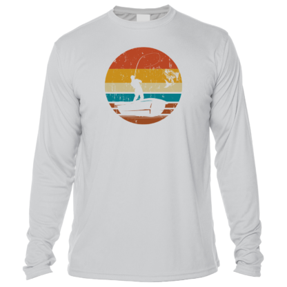 A long - sleeve t - shirt with an image of a fisherman fishing in the sunset.