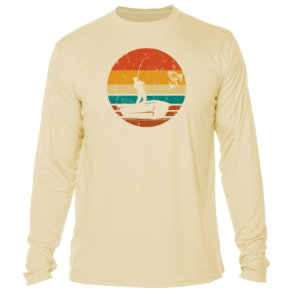 A men's long - sleeve t - shirt with an image of a fishing boat.