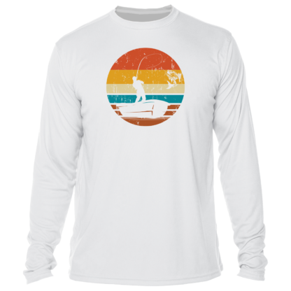 A white long - sleeve t - shirt with a man fishing in the sunset.