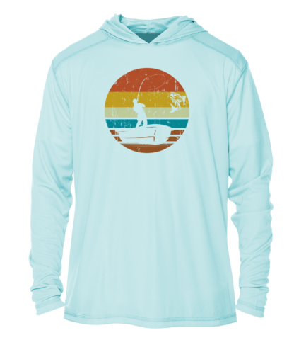 A men's hoodie with an image of a fishing boat and sunset.