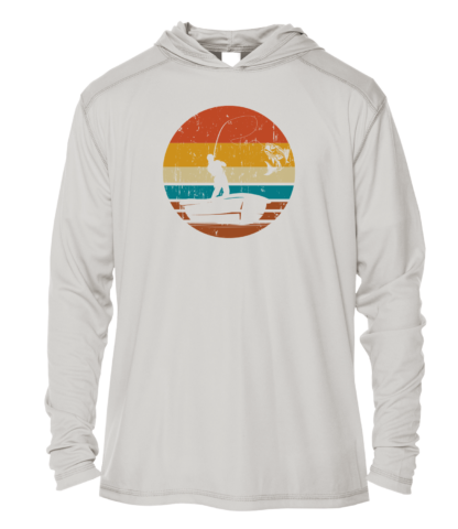 A white hoodie with an image of a man fishing in the sunset.