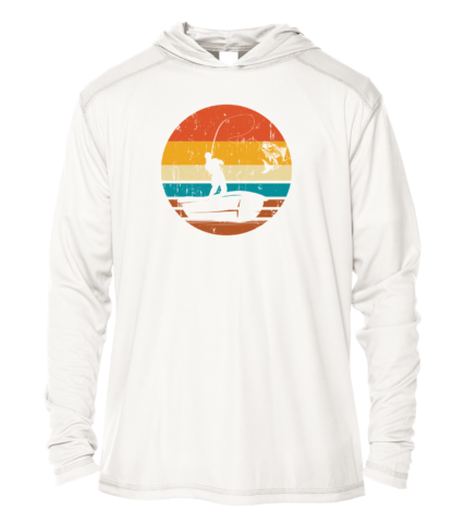 A white hoodie with an image of a man fishing at sunset.