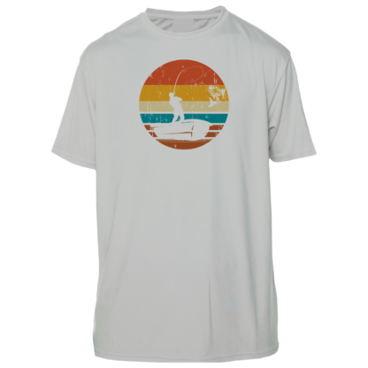 A white t - shirt with an image of a man fishing at sunset.