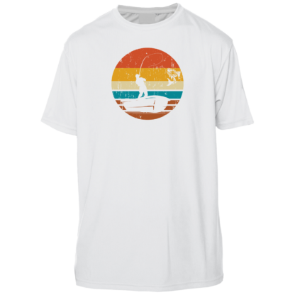 A white t - shirt with an image of a man fishing at sunset.
