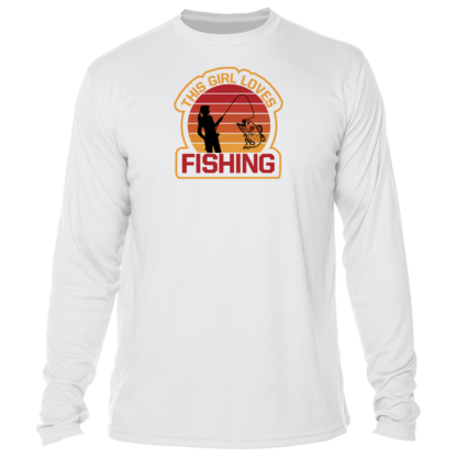 A white long - sleeve t - shirt that says fishing.