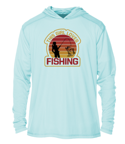 A light blue hoodie with a fishing image on it.