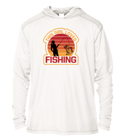 A white hoodie with an image of a man fishing.