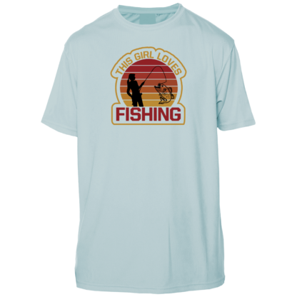 A light blue t - shirt with the words fishing on it.