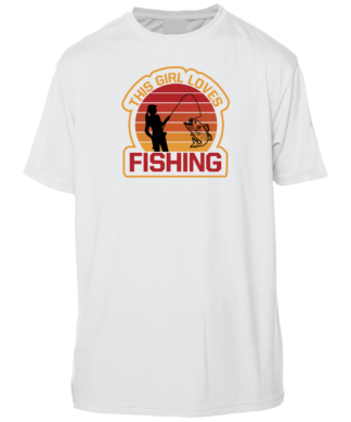 A white t - shirt with an image of a man fishing in the sunset.