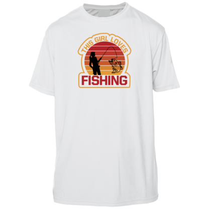A white t - shirt with an image of a man fishing in the sunset.