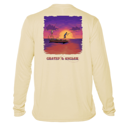 A Grateful Angler Skeleton Anglers UV Shirt with an image of a boat at sunset.