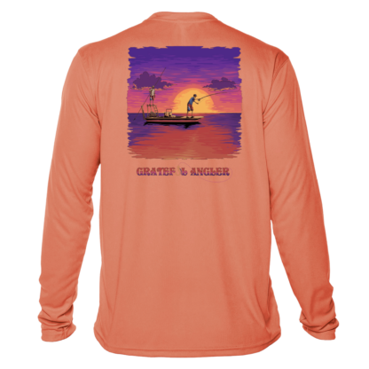 A long-sleeved Grateful Angler Skeleton Anglers UV Shirt with an image of a boat at sunset.