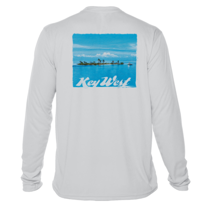 A white long-sleeve swim shirt with the word keywest on it.