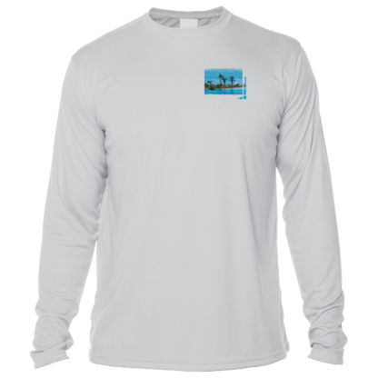 A gray long sleeve t-shirt with a picture of palm trees, perfect as sun protective clothing for the beach.