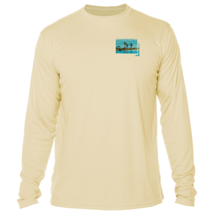A men's long sleeve swim shirt with an image of a beach and palm trees.