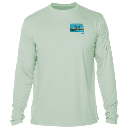 A men's green long sleeve t-shirt with an image of a beach and palm trees, perfect as a sun shirt.