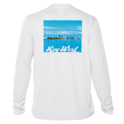 A white sun shirt with the word keywest on it.