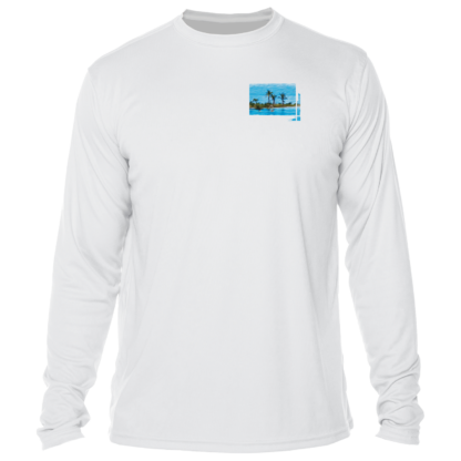 A white long sleeve UPF t-shirt with a picture of a beach and palm trees.