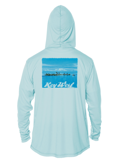 A blue hoodie with an image of the ocean and a boat, perfect for your UV protection needs.