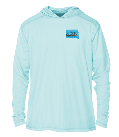 A men's blue hoodie with a palm tree on it, perfect as sun protective clothing.