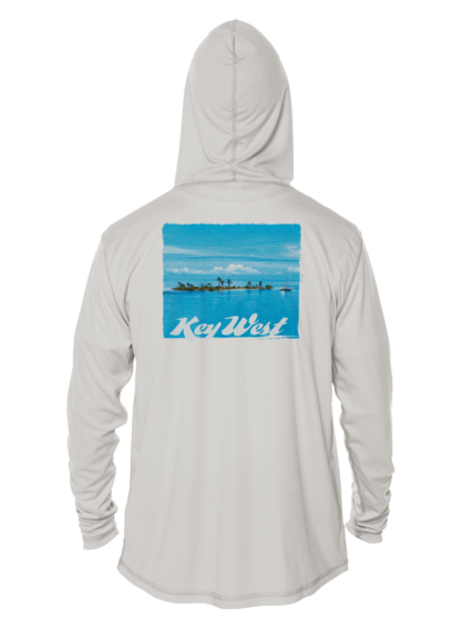 A white hoodie with an image of a boat in the water, perfect for sun protection.