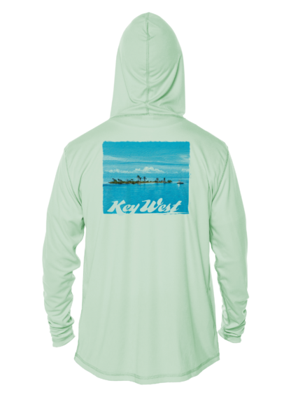 A green hoodie with an image of a boat in the water, perfect as a swim shirt.