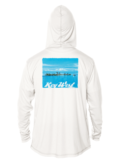 A sun shirt hoodie with an image of a beach and a blue sky.