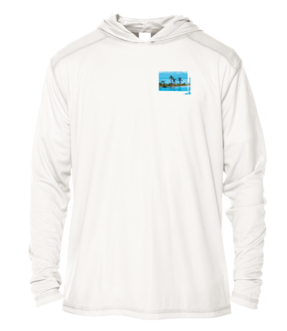 A white hoodie with an image of a beach and palm trees - perfect for sun protective clothing.