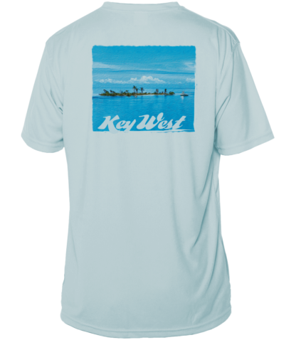 A light blue rash guard with the words Key West on it.