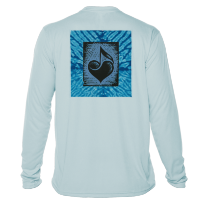 A blue long-sleeved swim shirt with a black heart on it.