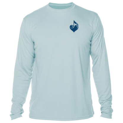 A light blue long sleeve swim shirt with a blue heart on it.