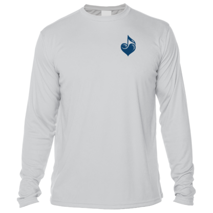 A white long-sleeve t-shirt with a blue heart on it, perfect as sun protective clothing or UPF clothing.