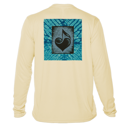 A long-sleeved t-shirt with a blue heart on it, suitable as a rash guard or UV shirt.
