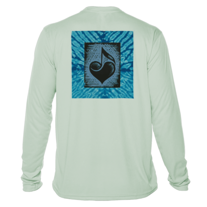 A long-sleeved shirt with a blue heart on it, perfect as sun protective clothing or a UV shirt.