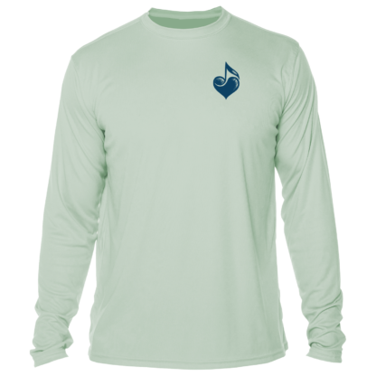 A green long sleeve t-shirt with a blue heart on it, perfect as a sun shirt or rash guard option for sun protective clothing.