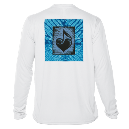 A long-sleeved t-shirt with a blue heart on it. This shirt can also be used as sun protective clothing or UPF clothing.