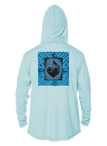 A blue hoodie with a heart on it, perfect as UPF clothing.