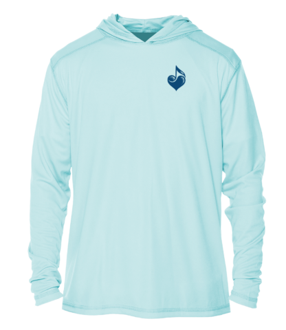 A blue hoodie with a blue heart on it, perfect as a sun shirt or UV shirt.