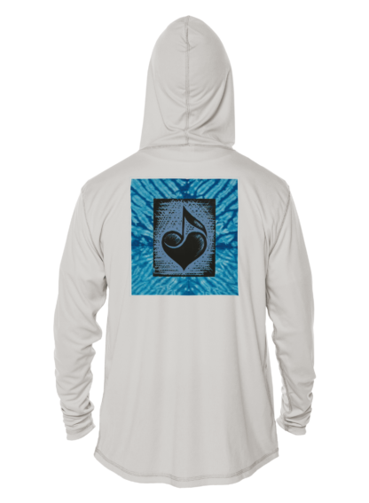 A white hoodie with a blue heart on it, perfect for UV protection.
