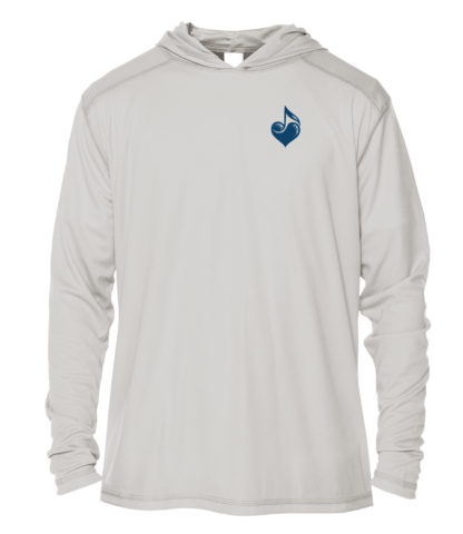 A white hoodie with a blue heart on it.