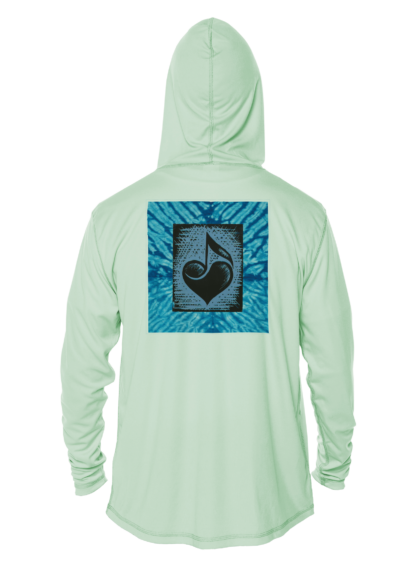 A blue hoodie with a heart on it, perfect as sun protective clothing.