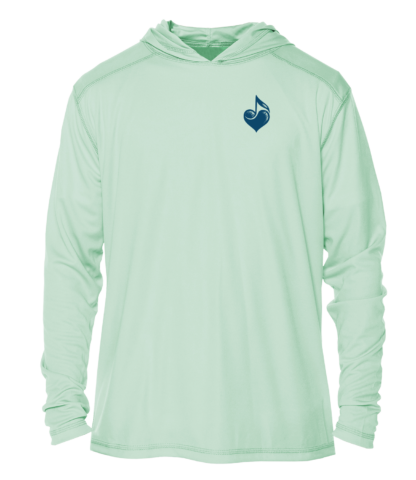 A men's green hoodie with a blue heart on it.
