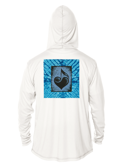 A white hoodie with a blue heart on it, suitable as a uv shirt or rash guard