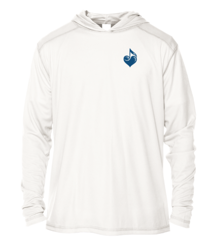 A white hoodie with a blue heart on it, suitable as sun protective clothing.