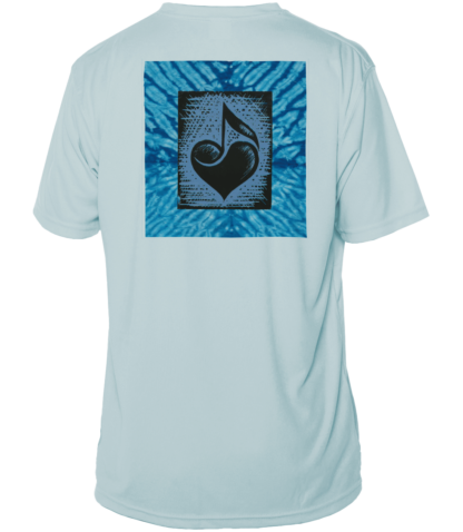 A blue tie dye sun protective t-shirt with a music heart on it.