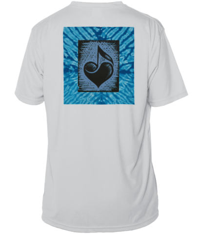 A blue tie dye t-shirt with a heart on it, perfect as a sun protective clothing or UPF clothing option.