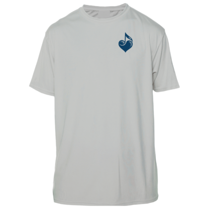 A white t-shirt with a blue logo on it, suitable for sun protective clothing.